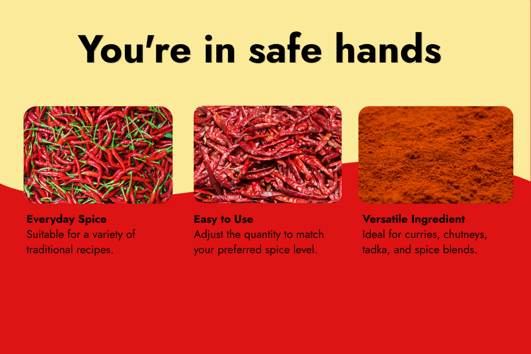 Fresh red chillies, dried red chillies, and red chilli powder for everyday Indian cooking and spice preparation.