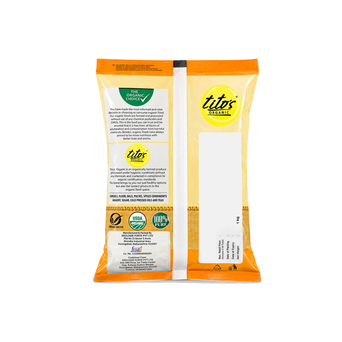 Back packaging of Tito’s Organic Red Rice 1 kg showing product and packaging details.