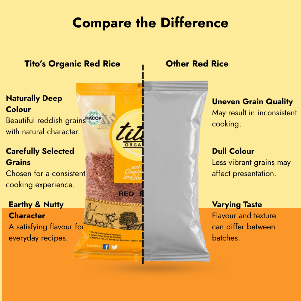 Tito’s Organic Red Rice compared with other red rice for grain quality, colour and flavour