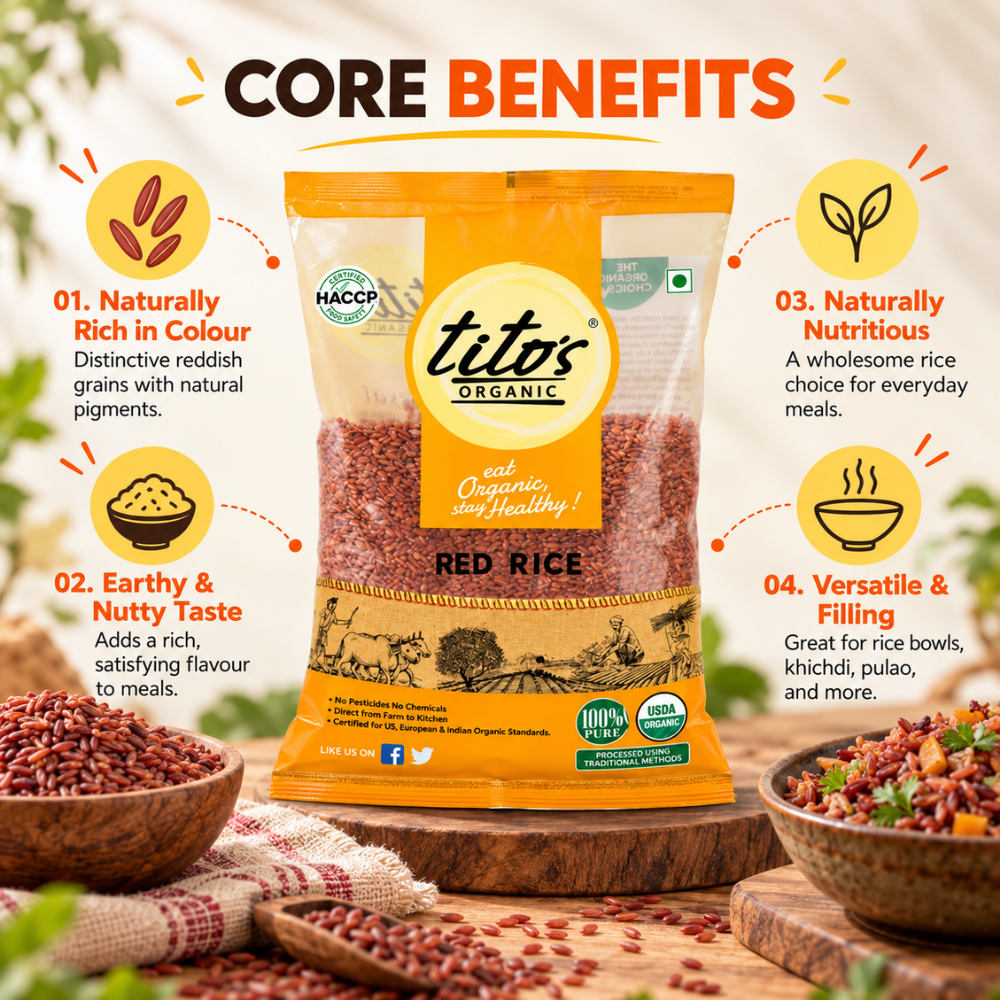 Tito’s Organic Red Rice core benefits including naturally rich colour, earthy flavour and versatile cooking