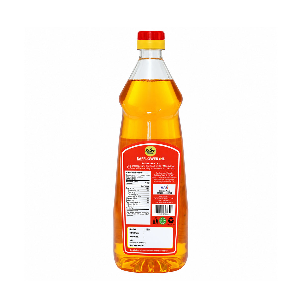 Tito's Organic Safflower Oil 1 litre cold pressed high oleic cooking oil back