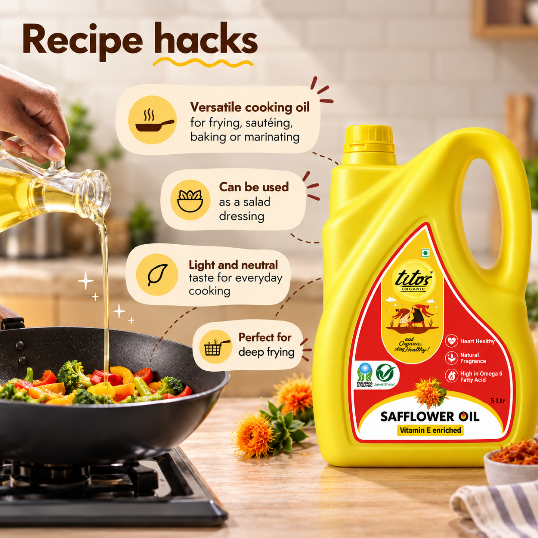 Tito's Organic Safflower Oil for sautéing, stir-frying, deep-frying, salad dressing, and everyday Indian cooking.