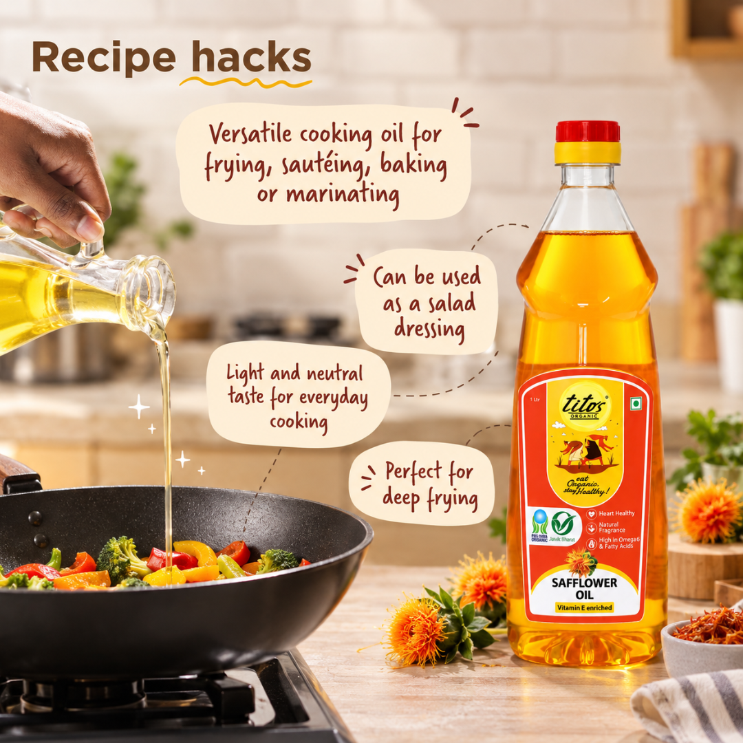 Tito's Organic Safflower Oil cooking uses for frying sauteing baking marinating and salad dressing