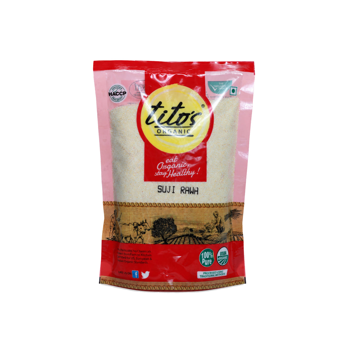 Tito’s Organic Suji Rawa 500 g pack, organic wheat rava available on Milawat Free.