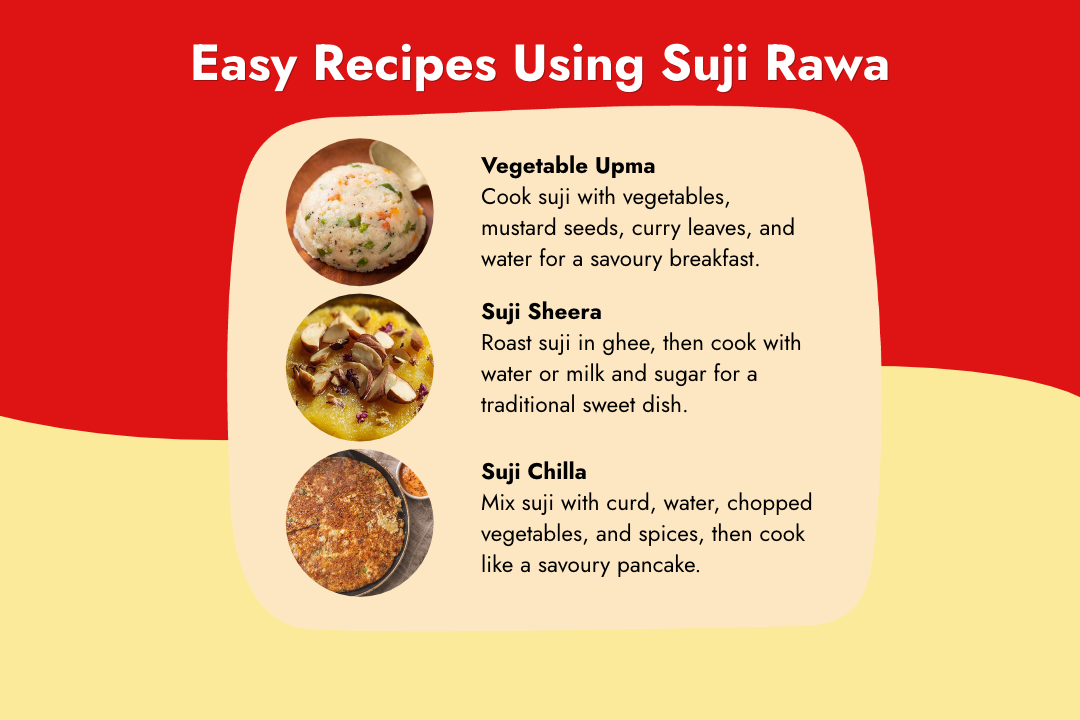 Easy recipes using Tito’s Organic Suji Rawa, including vegetable upma, sweet suji sheera, and savoury suji chilla.