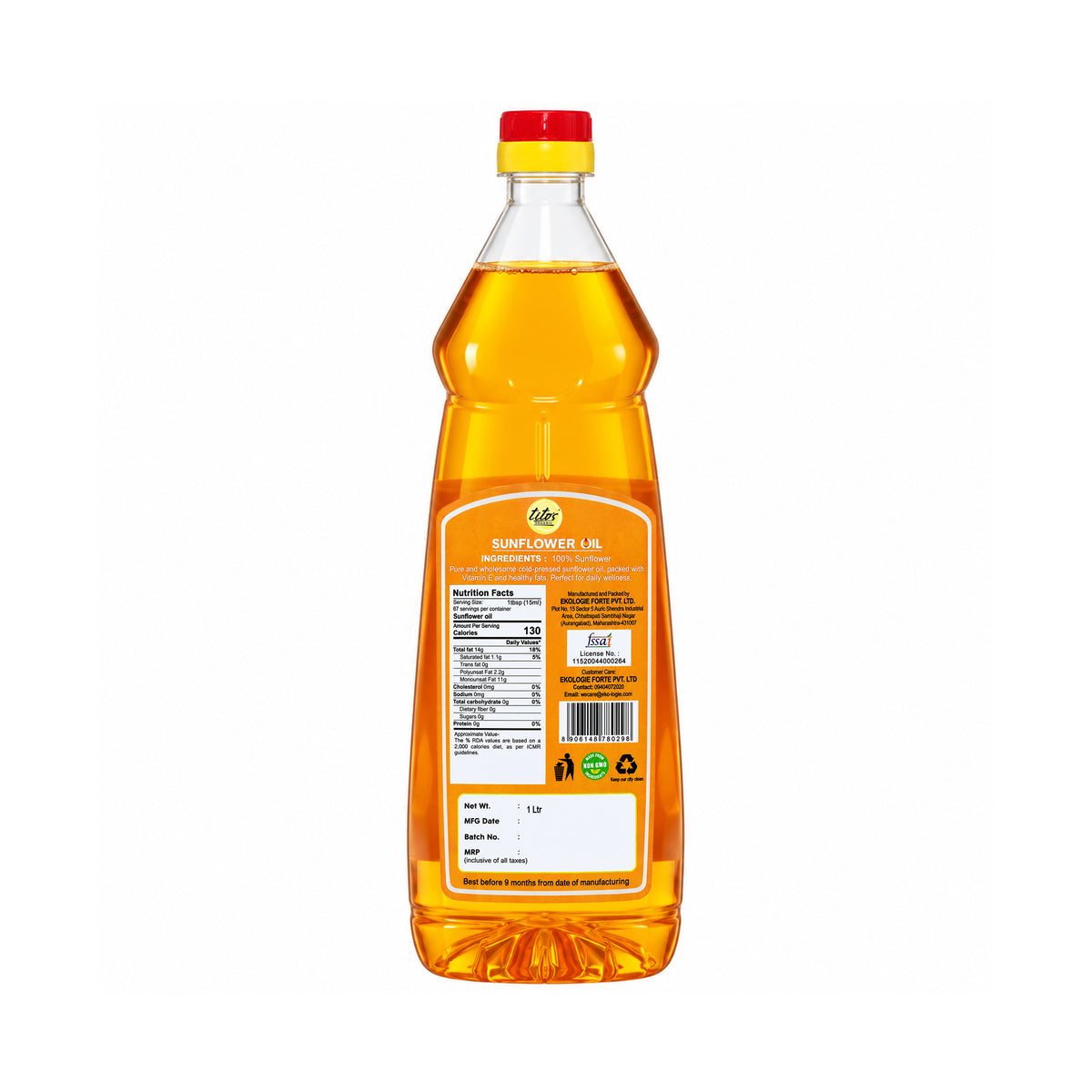 Tito's Organic Sunflower Oil 1 litre cold pressed organic cooking oil back 