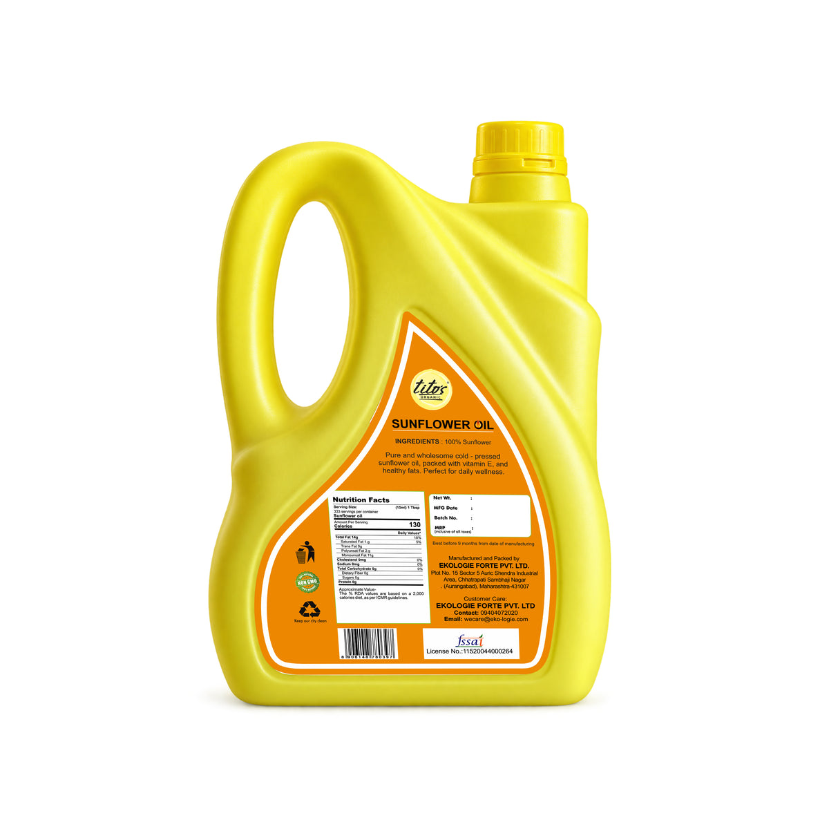 Tito's Organic Sunflower Oil 5 litre organic cold pressed sunflower cooking oil back