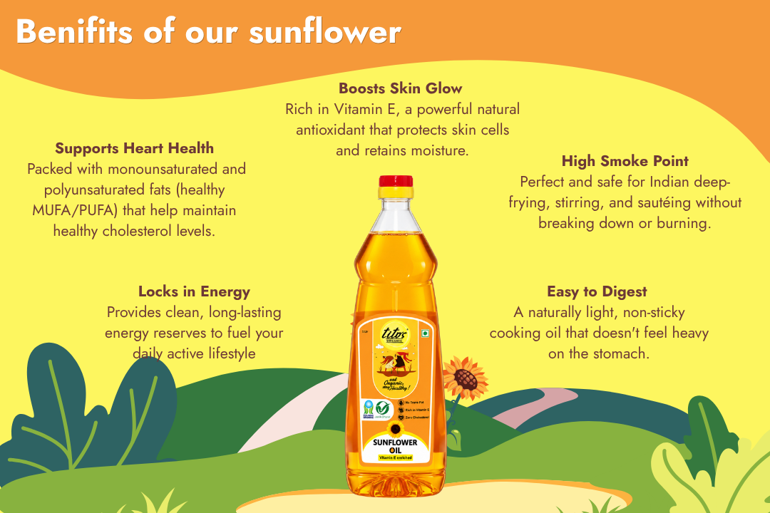 Tito's Organic Sunflower Oil benefits including vitamin E unsaturated fats and everyday cooking use
