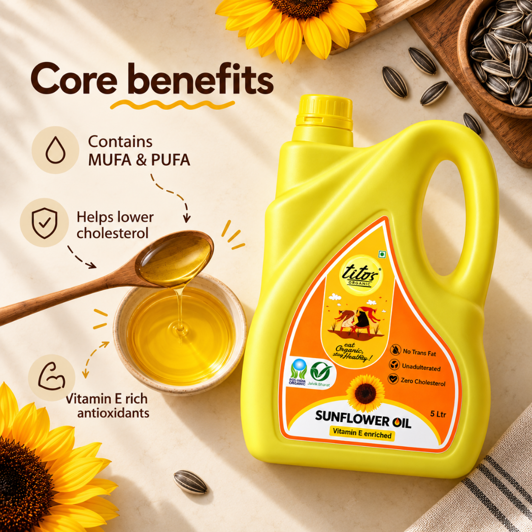 Tito's Organic Sunflower Oil 5 litre pack with vitamin E, MUFA, PUFA, and antioxidant benefits