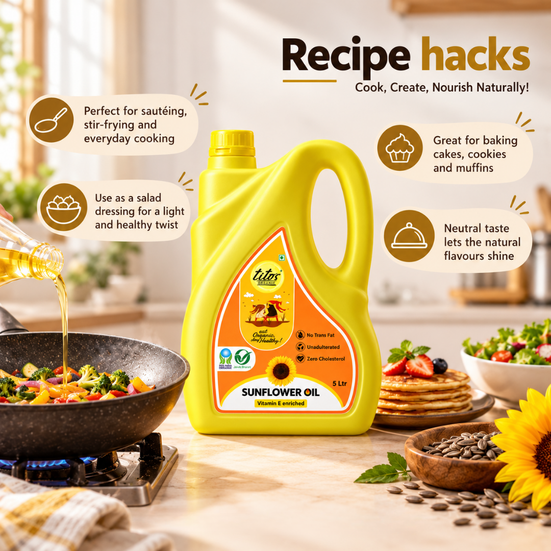Tito's Organic Safflower Oil for sautéing, stir-frying, deep-frying, salad dressing, and everyday Indian cooking