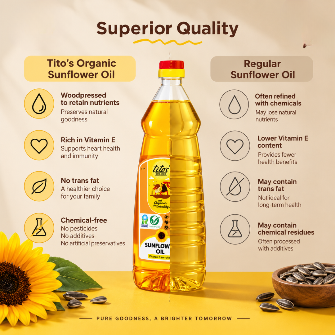 Tito’s Organic Sunflower Oil quality comparison with regular sunflower oil