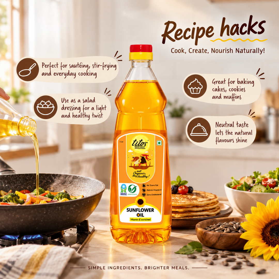Tito’s Organic Sunflower Oil recipe ideas for cooking baking and salad dressing