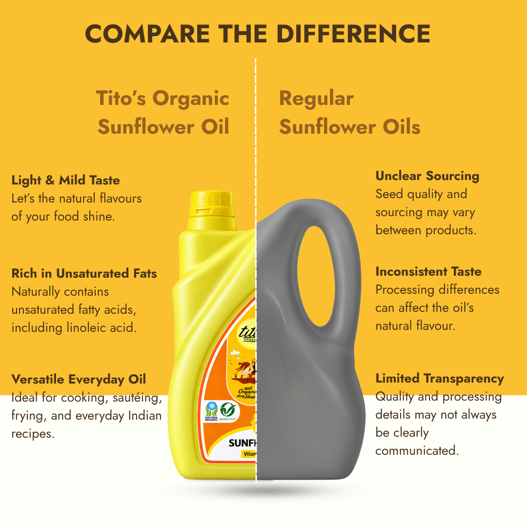 Tito's Organic Sunflower Oil compared with regular sunflower oil, highlighting taste, unsaturated fats, and everyday cooking uses