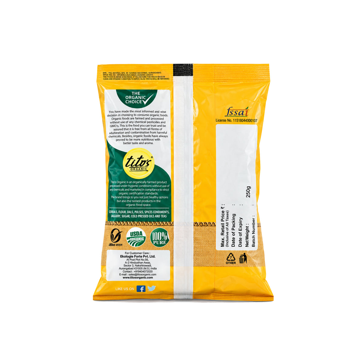 Tito’s Organic Thalipeeth Bhajni back packaging showing product information and USDA Organic certification.