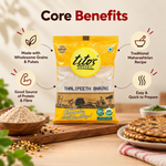 Tito’s Organic Thalipeeth Bhajni with serving suggestions and key product features for preparing traditional thalipeeth at home.