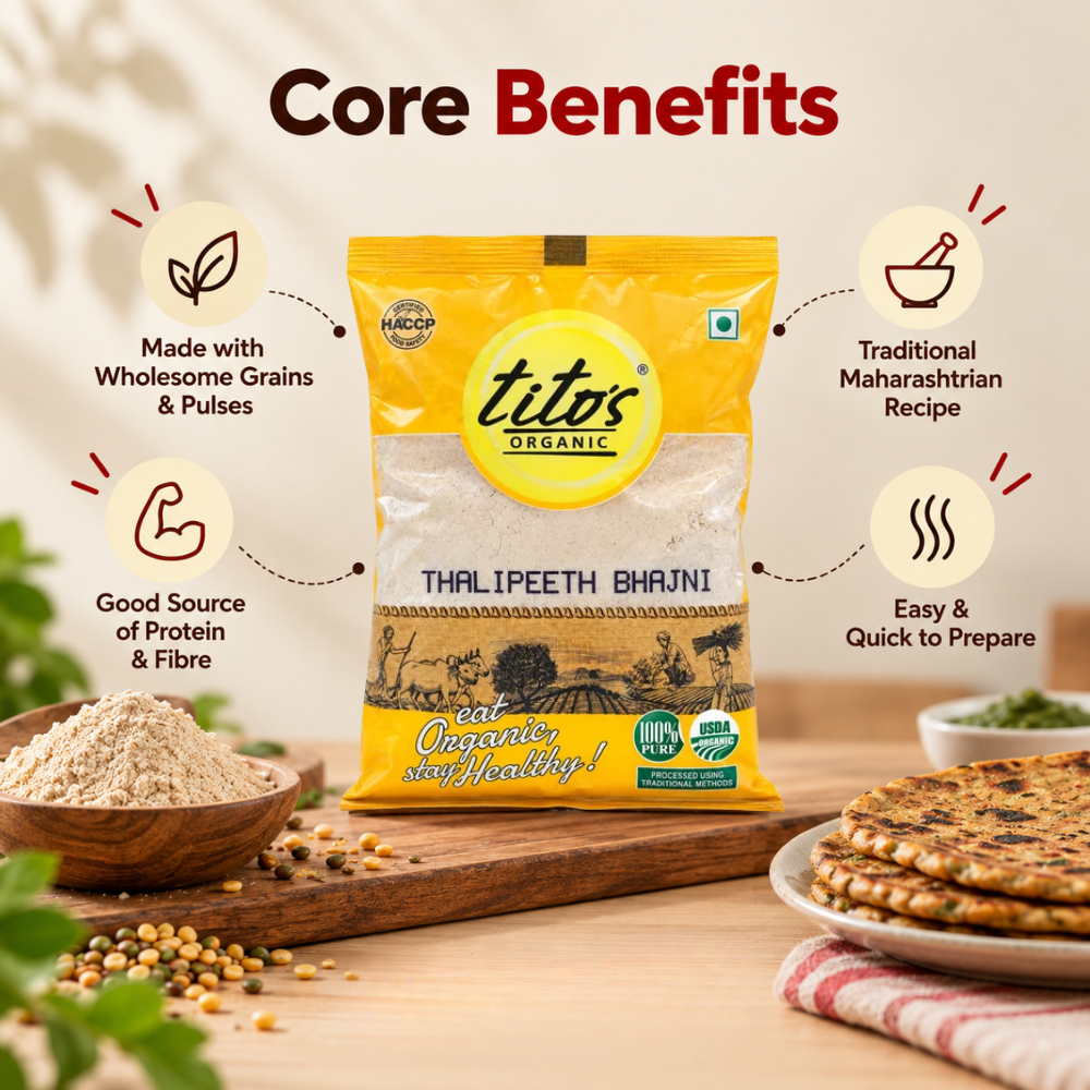 Tito’s Organic Thalipeeth Bhajni with serving suggestions and key product features for preparing traditional thalipeeth at home.