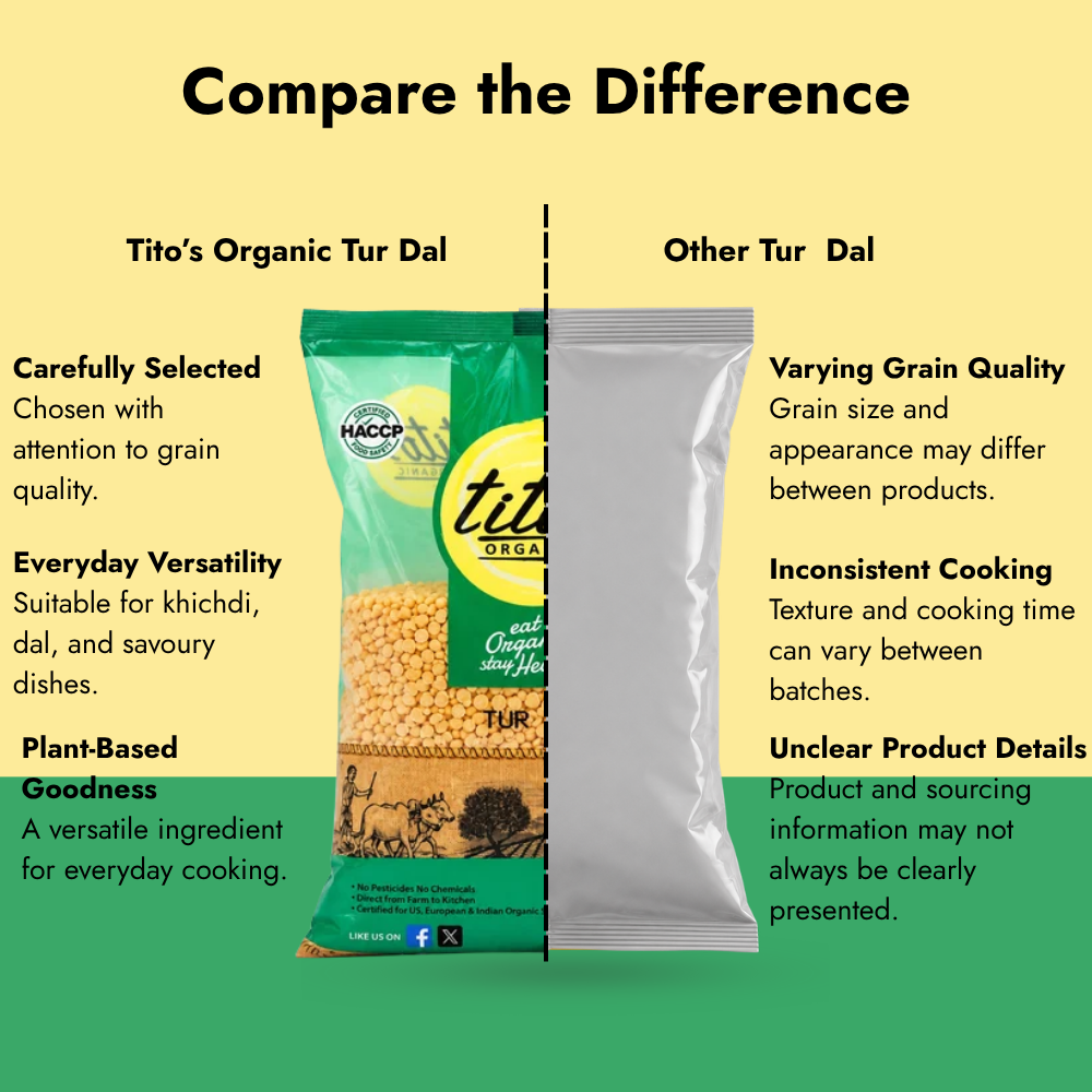Milawat Free Tito’s Organic Tur Dal compared with other tur dal, highlighting grain selection, everyday versatility and traditional cooking uses