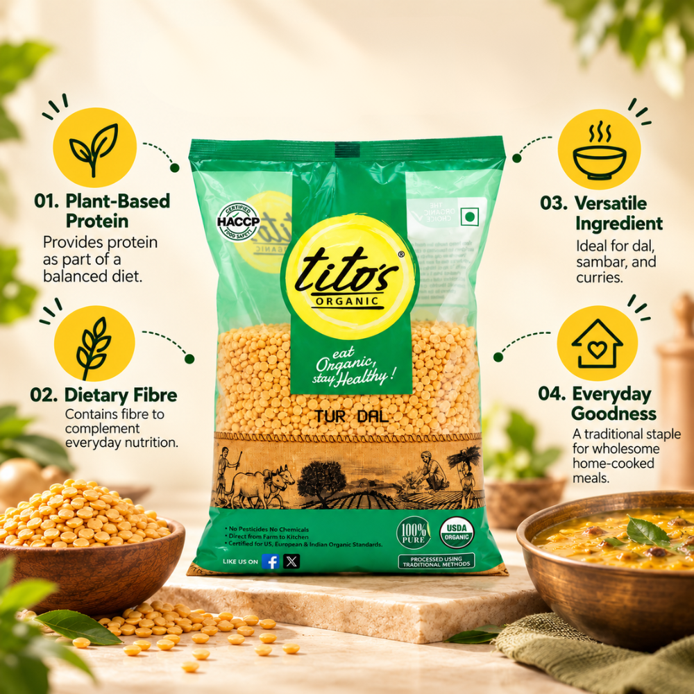 Milawat Free Tito’s Organic Tur Dal featuring plant-based protein, dietary fibre and versatile uses in dal, sambar and curries