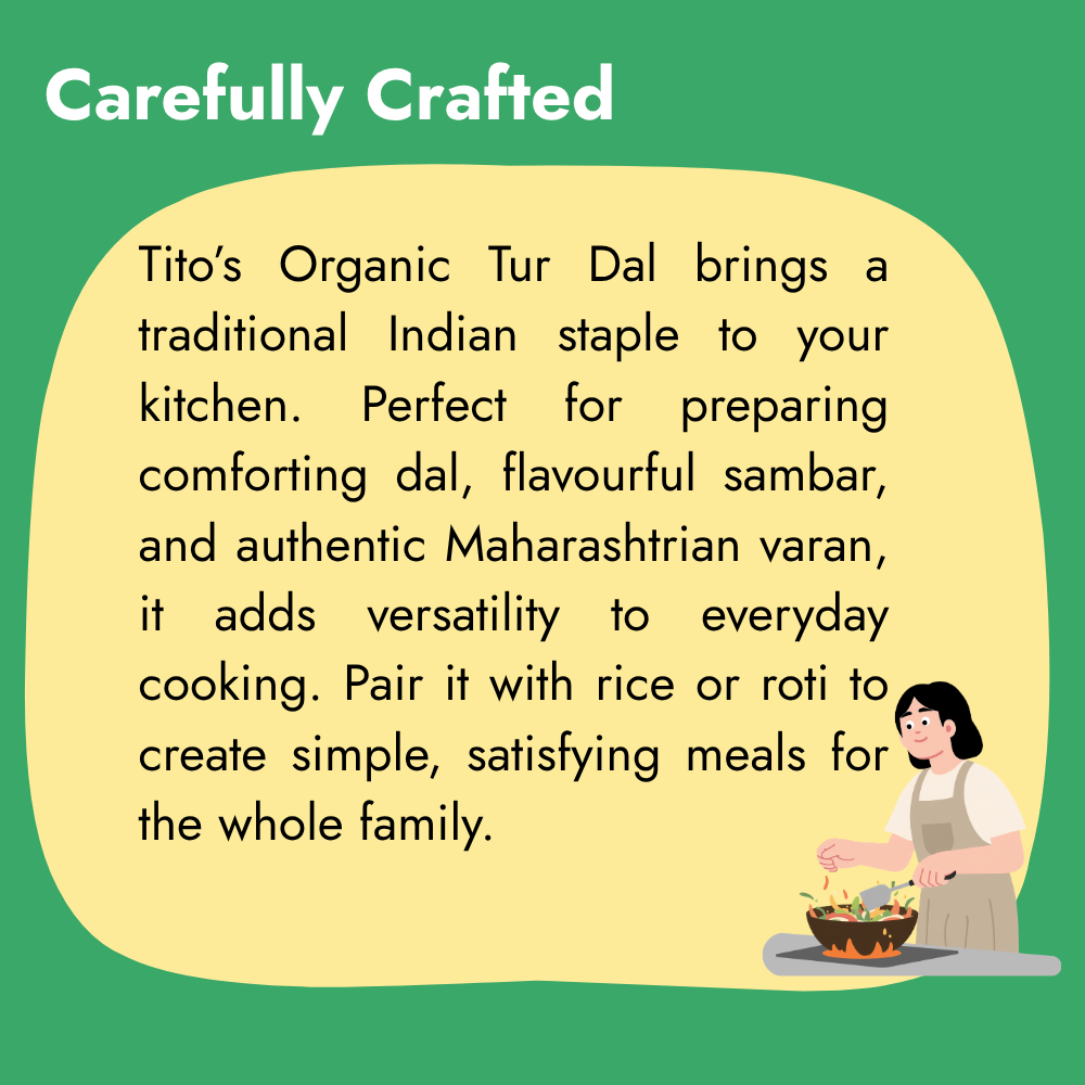 Milawat Free Tito’s Organic Tur Dal for preparing traditional Indian dal, flavourful sambar and Maharashtrian varan