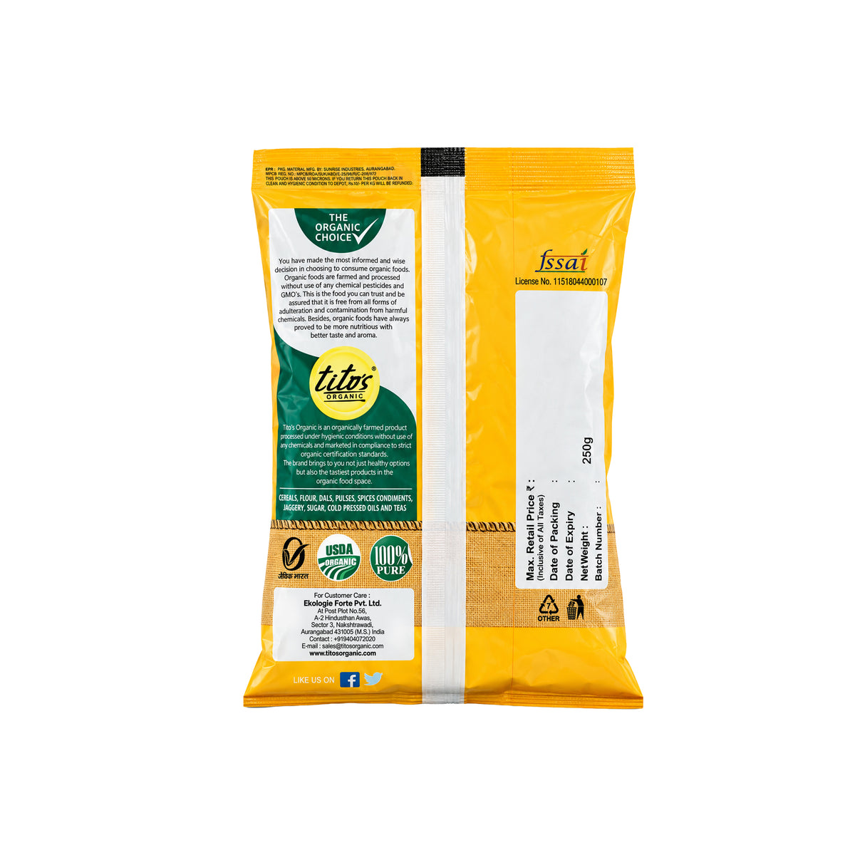 Back of Tito’s Organic Turmeric Powder 250 g packaging showing certification marks and product information.