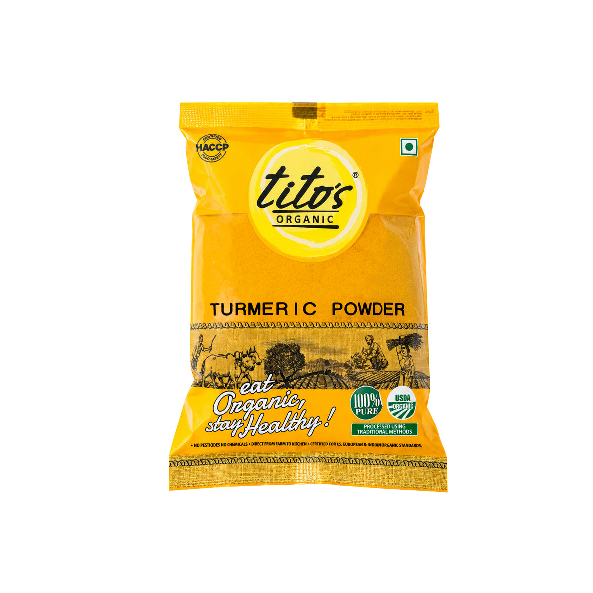 Tito’s Organic Turmeric Powder 250 g yellow pack of organic haldi powder for everyday Indian cooking.