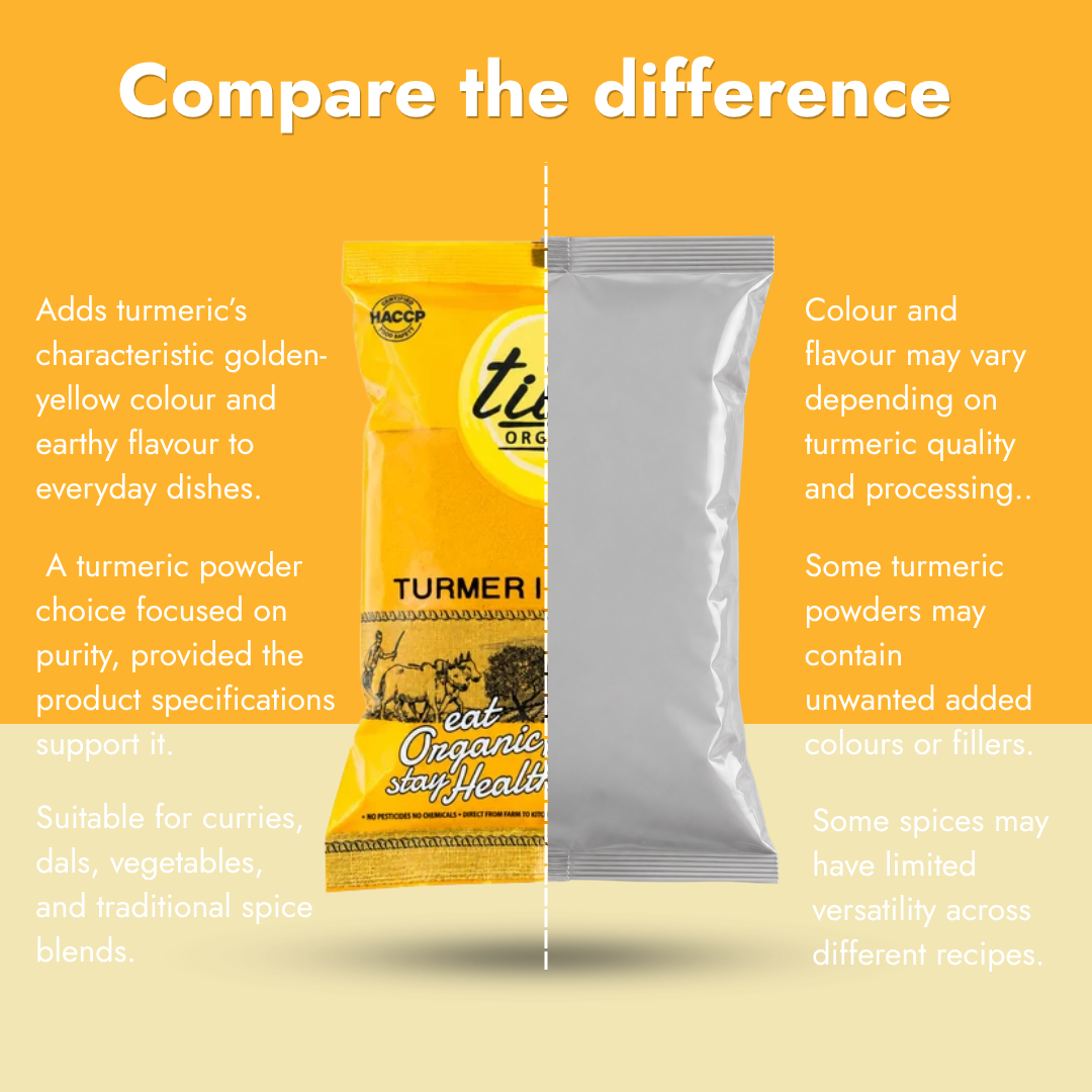 Tito’s Organic turmeric powder comparison highlighting colour, flavour, and everyday culinary applications.