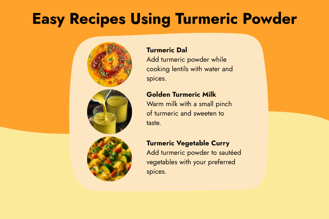 Easy recipes using Tito’s Organic turmeric powder, including turmeric dal, golden turmeric milk, and turmeric vegetable curry.