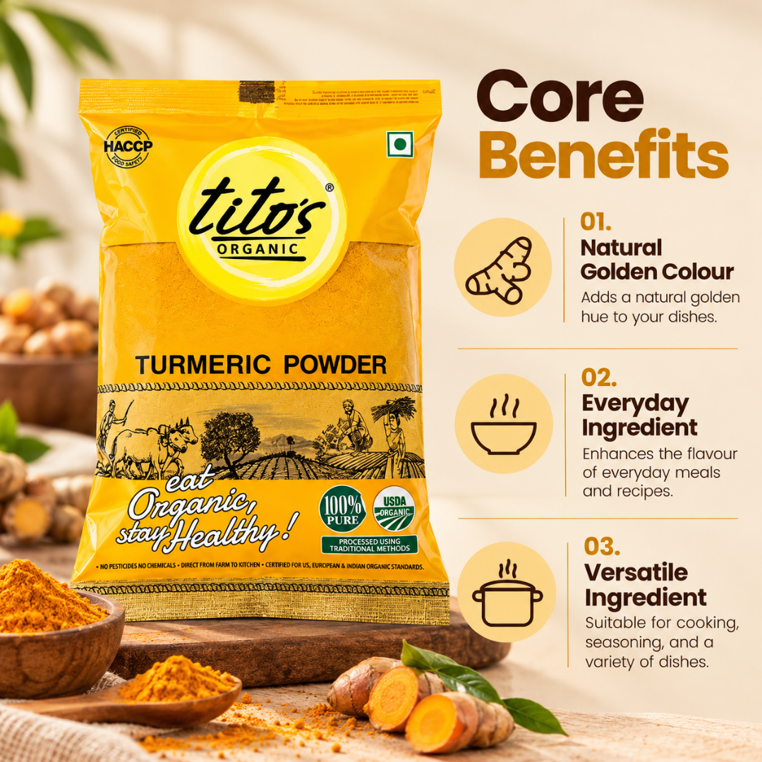 Tito’s Organic turmeric powder highlighting its golden colour, everyday cooking uses, and versatility in Indian recipes.