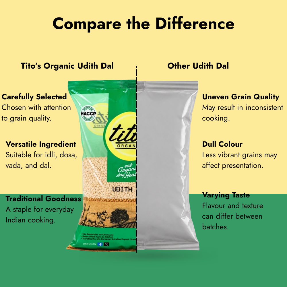 Tito’s Organic Udith Dal compared with other udith dal, highlighting grain quality, cooking versatility and traditional goodness