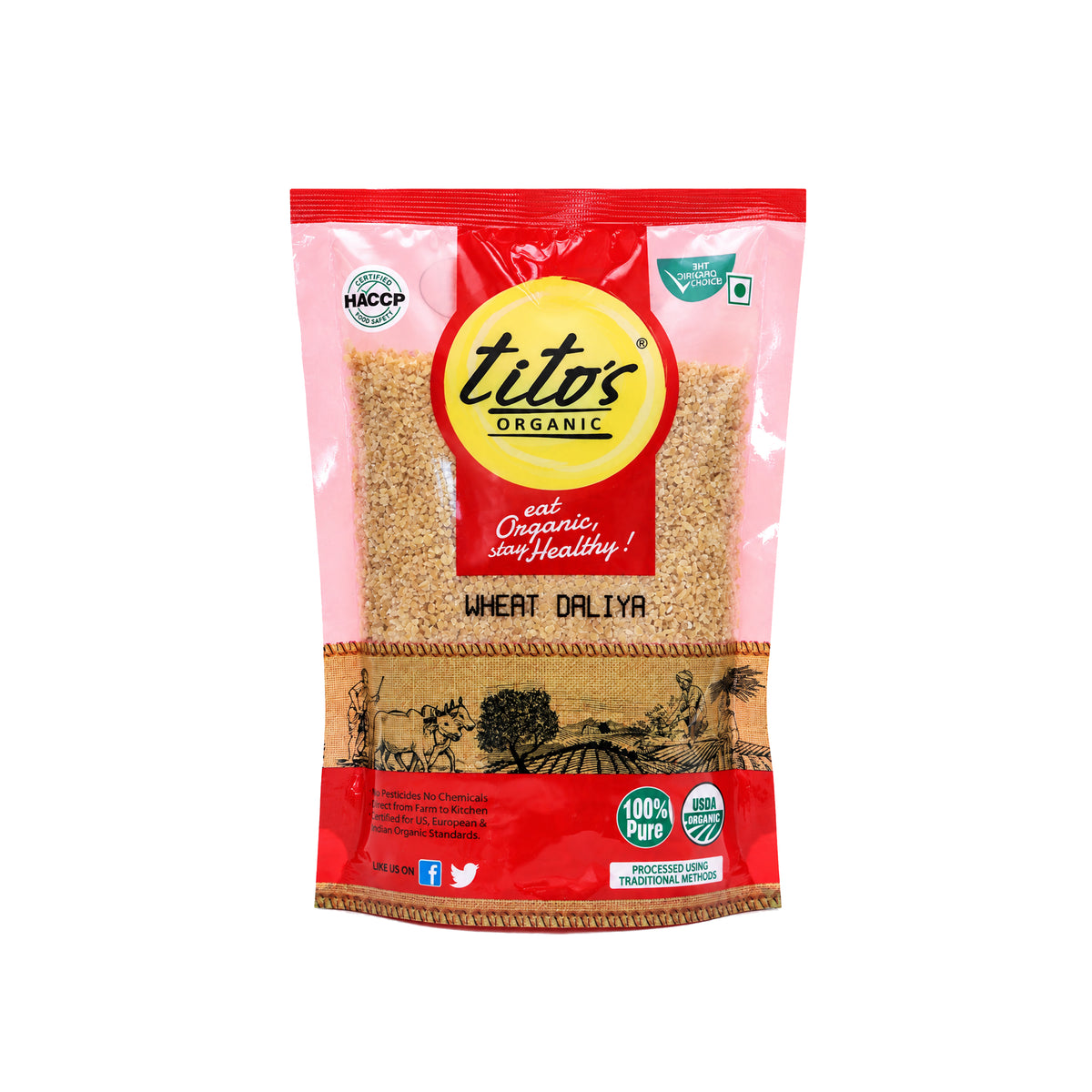 Tito’s Organic Wheat Daliya 500 g pack made from organic wheat, available on Milawat Free.

