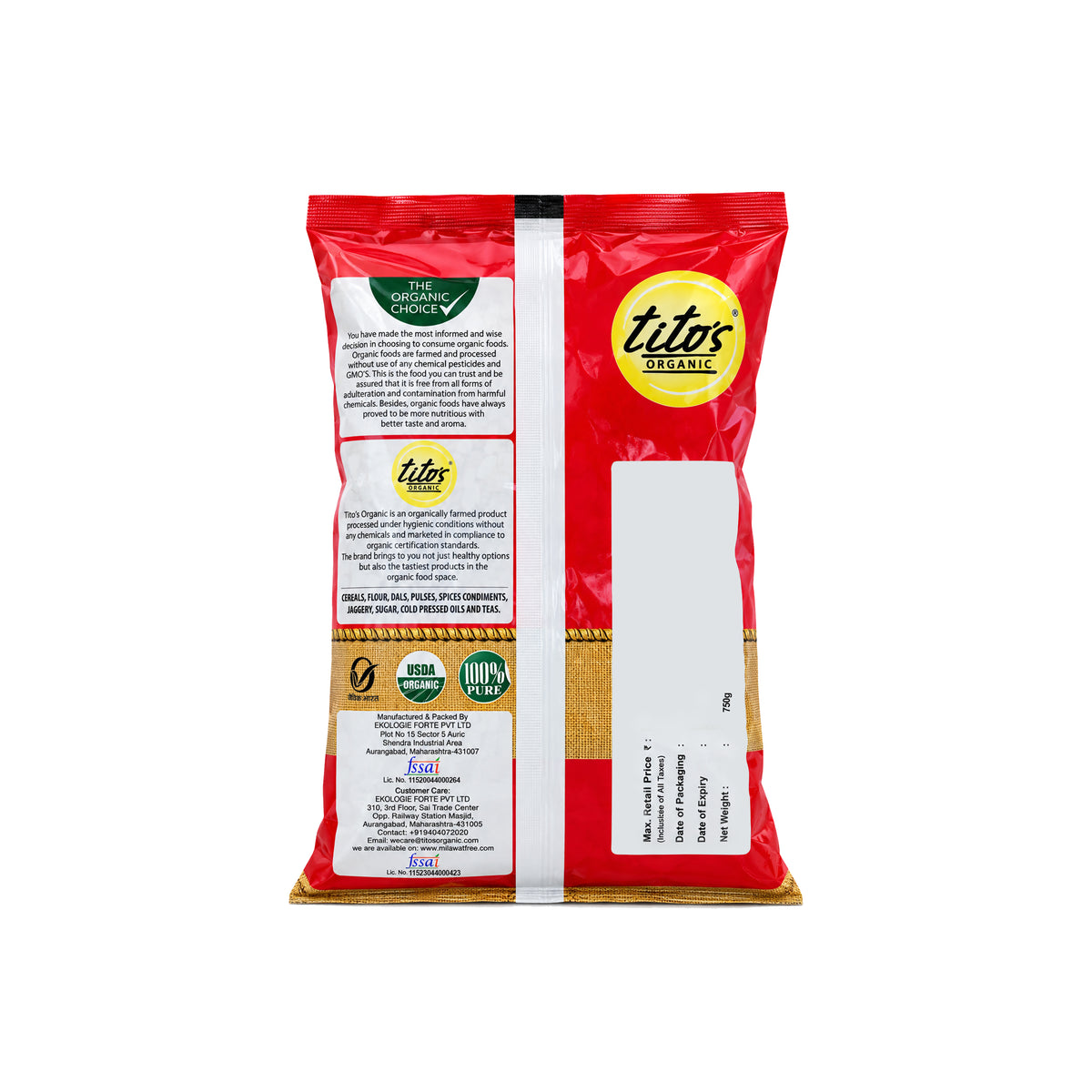 Back packaging of Tito’s Organic White Poha 750 g showing USDA Organic certification and product packaging details.