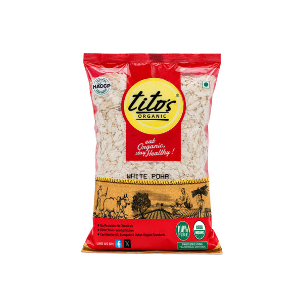 Tito’s Organic White Poha 750 g pack of organic flattened rice available on Milawat Free.