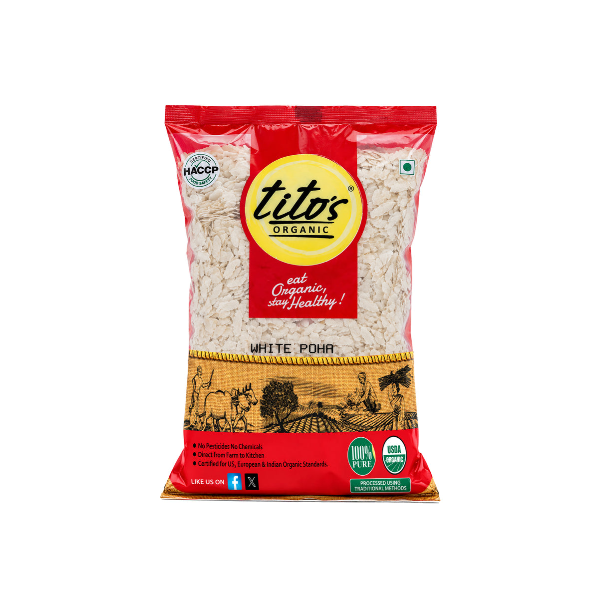 Tito’s Organic White Poha 750 g pack of organic flattened rice available on Milawat Free.