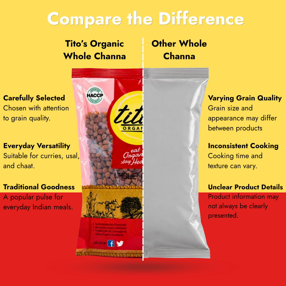 Tito’s Organic Whole Channa compared with other whole channa based on grain selection, cooking versatility and product details