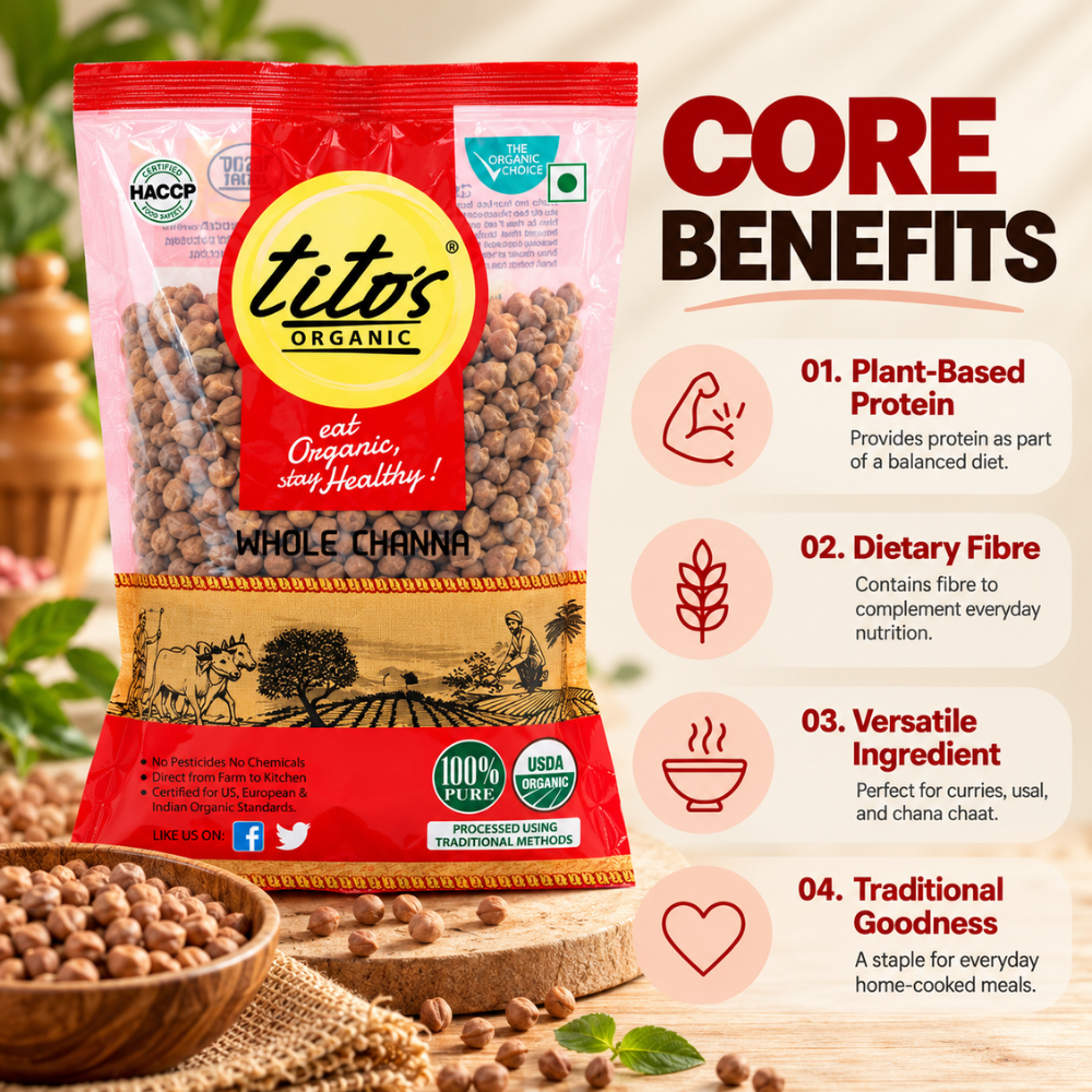 Tito’s Organic Whole Channa highlighting plant-based protein, dietary fibre and versatile cooking uses