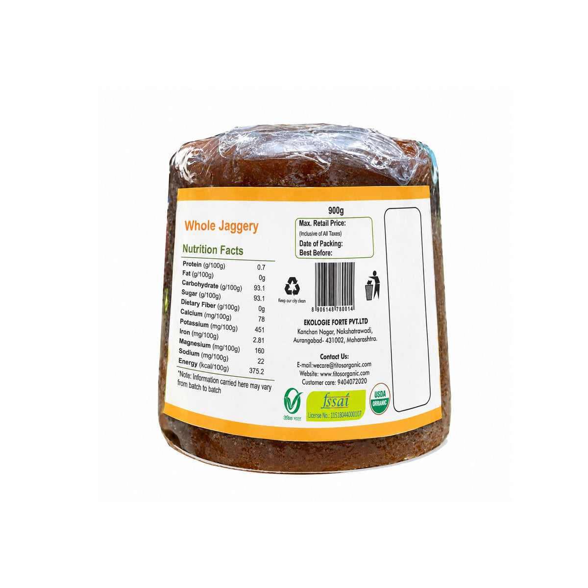 Tito’s Organic Whole Jaggery 900 g back packaging with nutrition information and USDA Organic certification