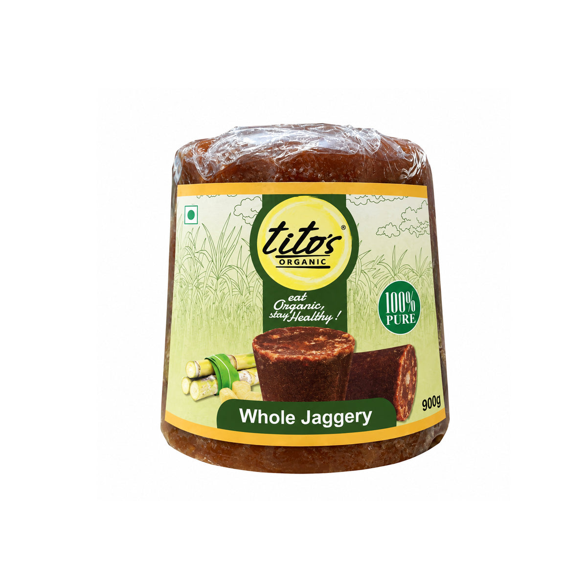 Tito’s Organic Whole Jaggery 900 g pack made from sugarcane, available on Milawat Free