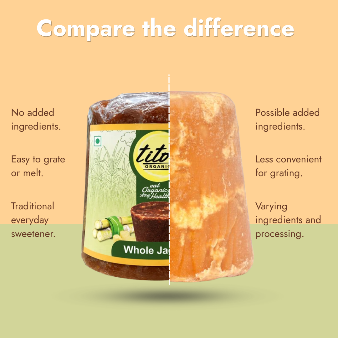 Tito’s Organic Whole Jaggery comparison highlighting no added ingredients, convenient use and traditional sweetness