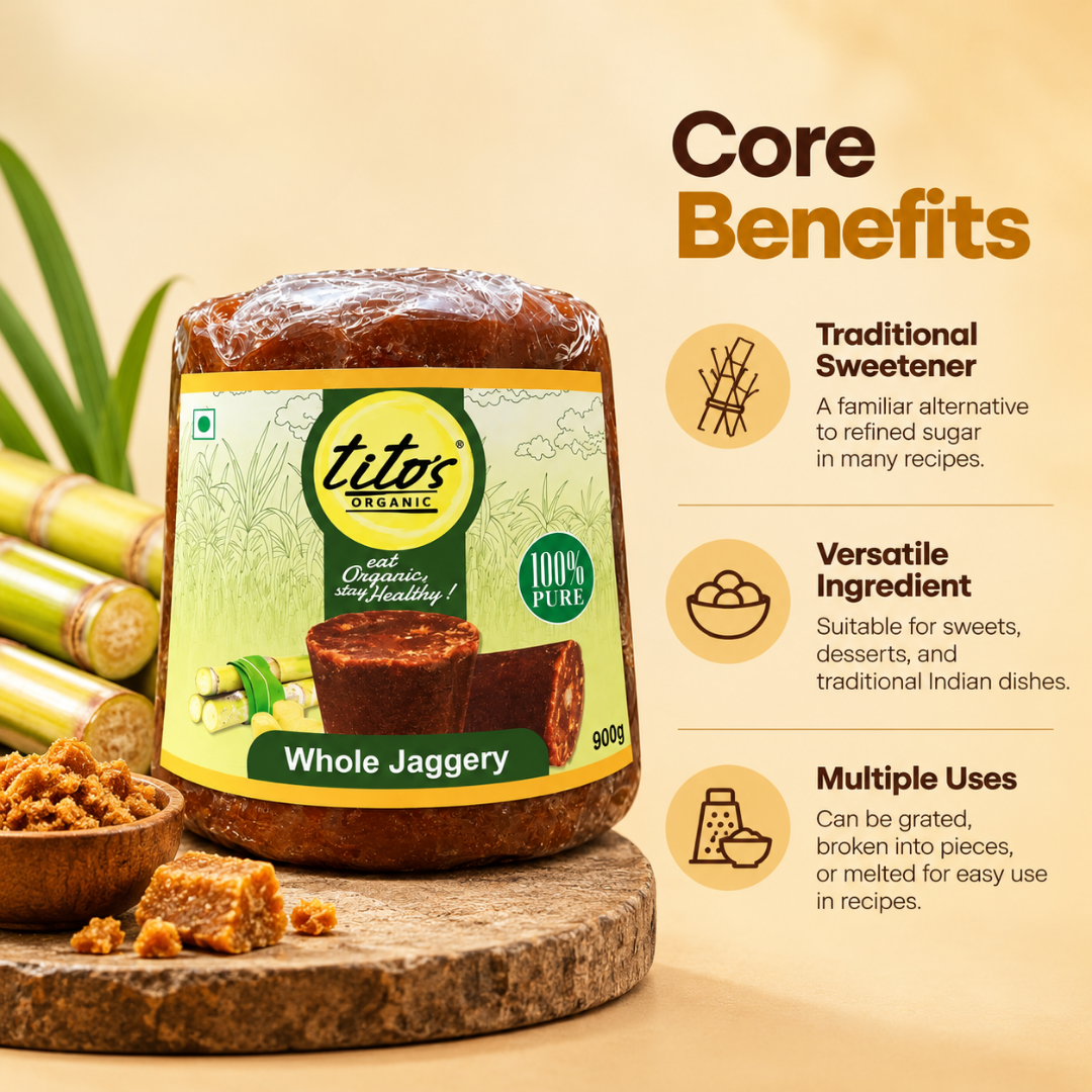Tito’s Organic Whole Jaggery 900g, a traditional sweetener for Indian sweets, desserts and beverages
