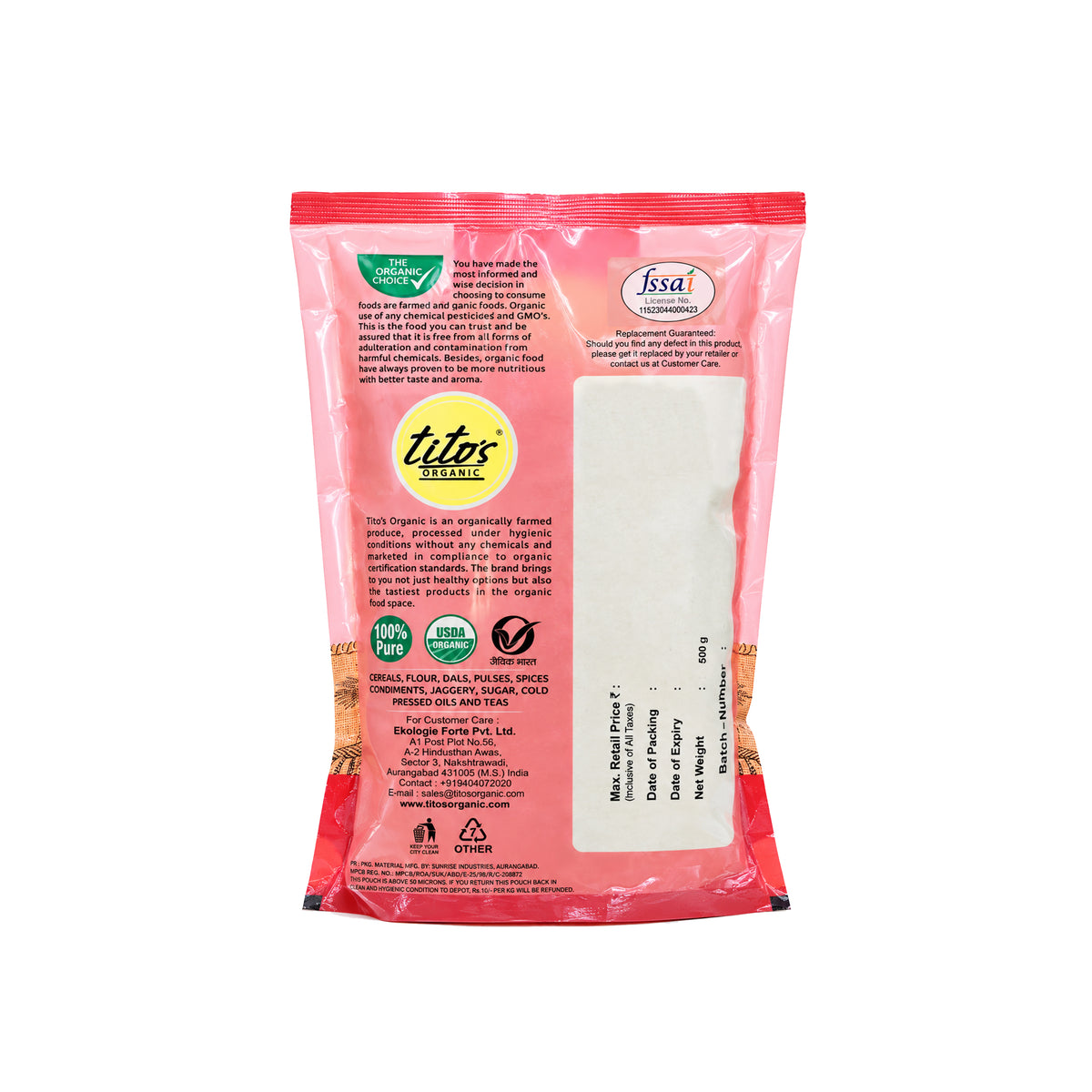 Back packaging of Tito’s Organic Whole Mung 500 g showing organic certification and product packaging details.