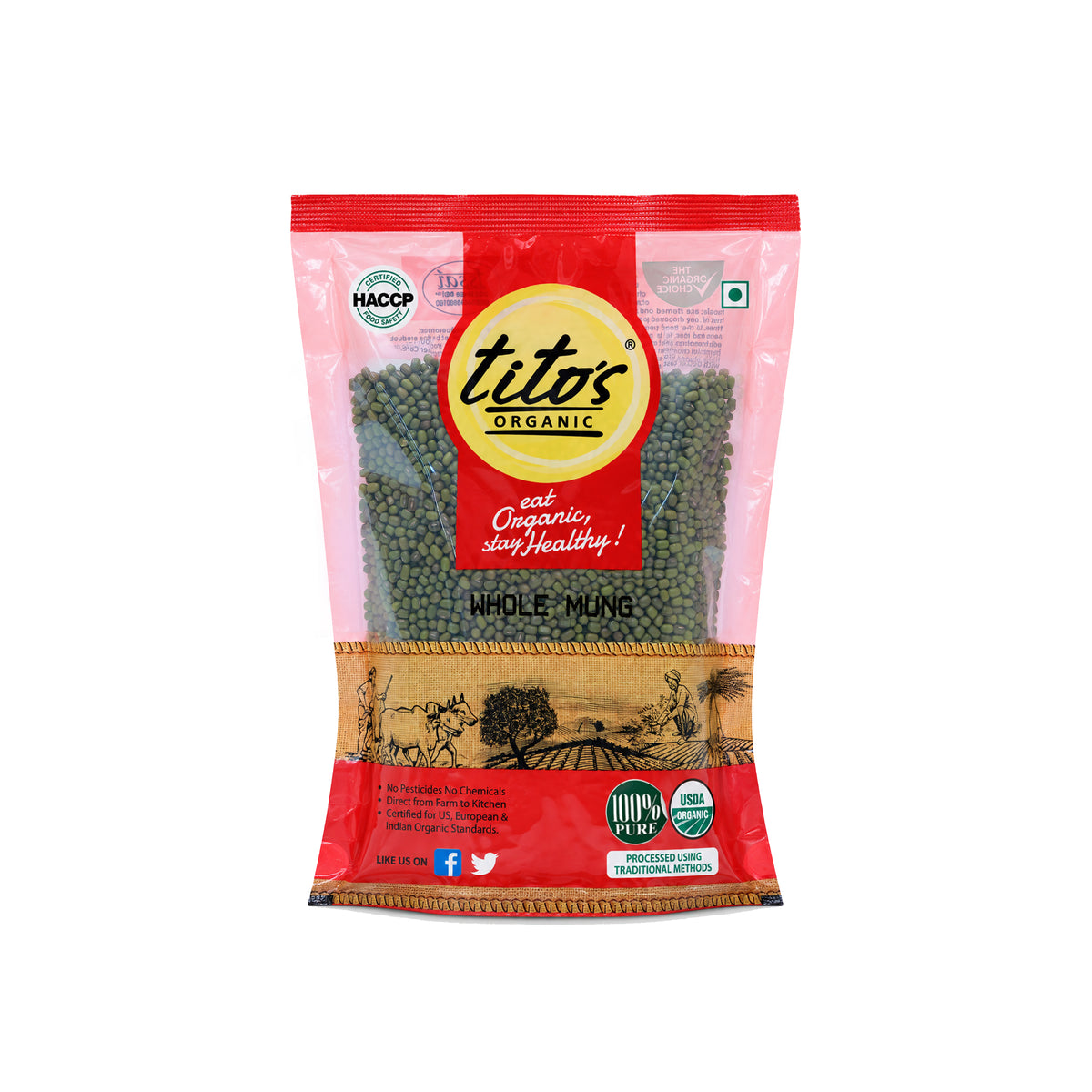 Tito’s Organic Whole Mung 500 g pack of organic green moong and whole green gram available on Milawat Free.