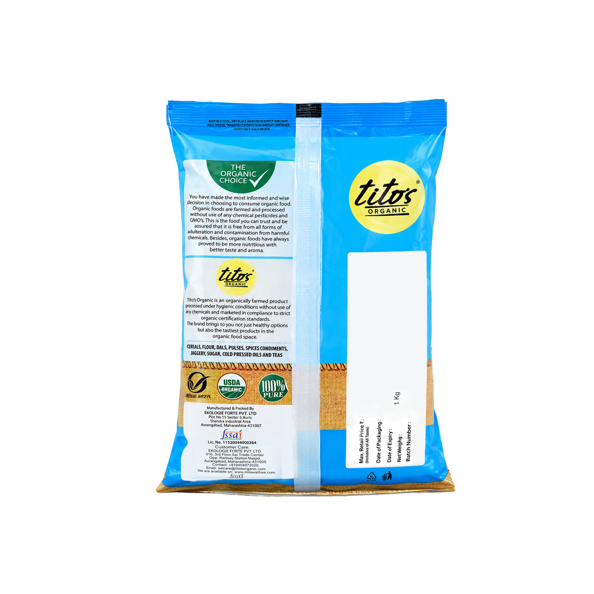 Tito’s Organic Whole Wheat Flour 1 kg back packaging with product information and organic certification marks, available from Milawat Free.