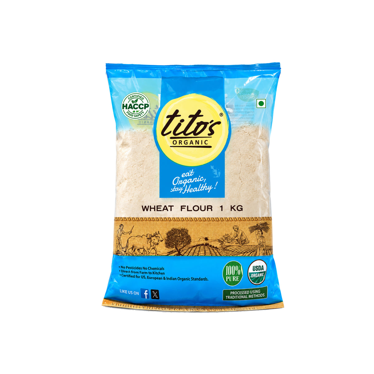 Tito’s Organic Whole Wheat Flour 1 kg front pack available from Milawat Free.