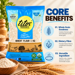 Tito’s Organic Whole Wheat Flour highlighting whole grain composition, dietary fibre, and versatility in everyday cooking