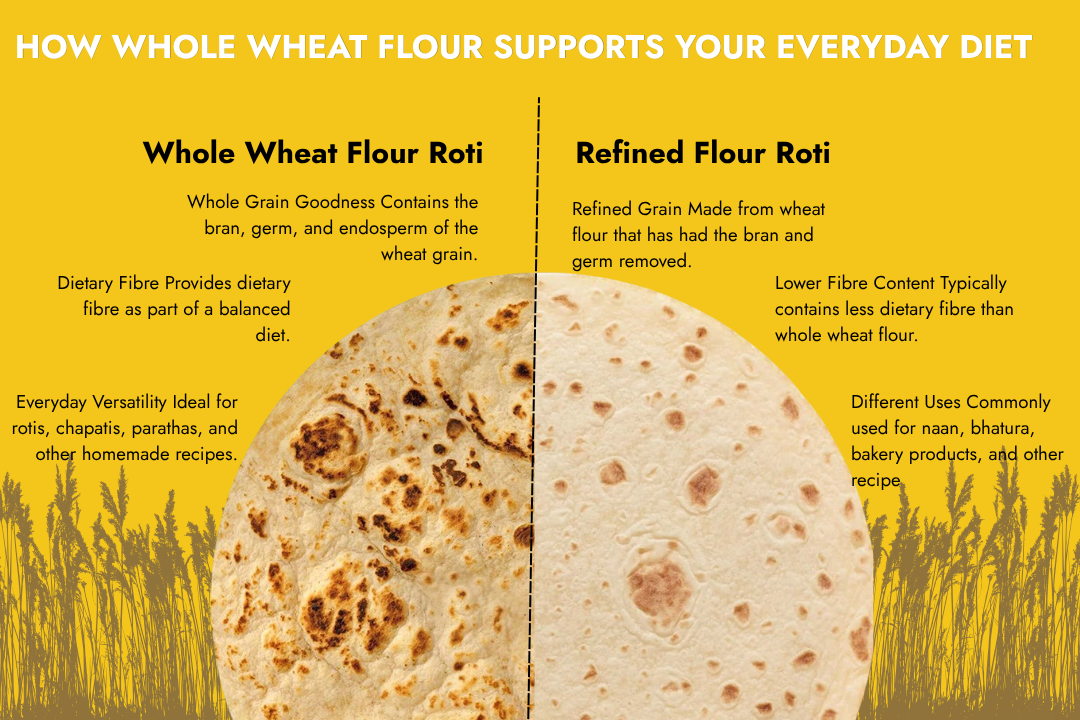 Whole wheat flour roti compared with refined flour roti, illustrating differences in whole grain composition, dietary fibre, and common uses