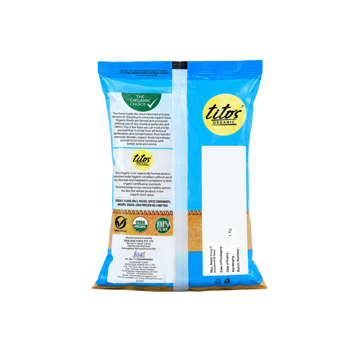 Back of Tito’s Organic Whole Wheat Grain 1 kg packaging showing organic certification marks and product information.