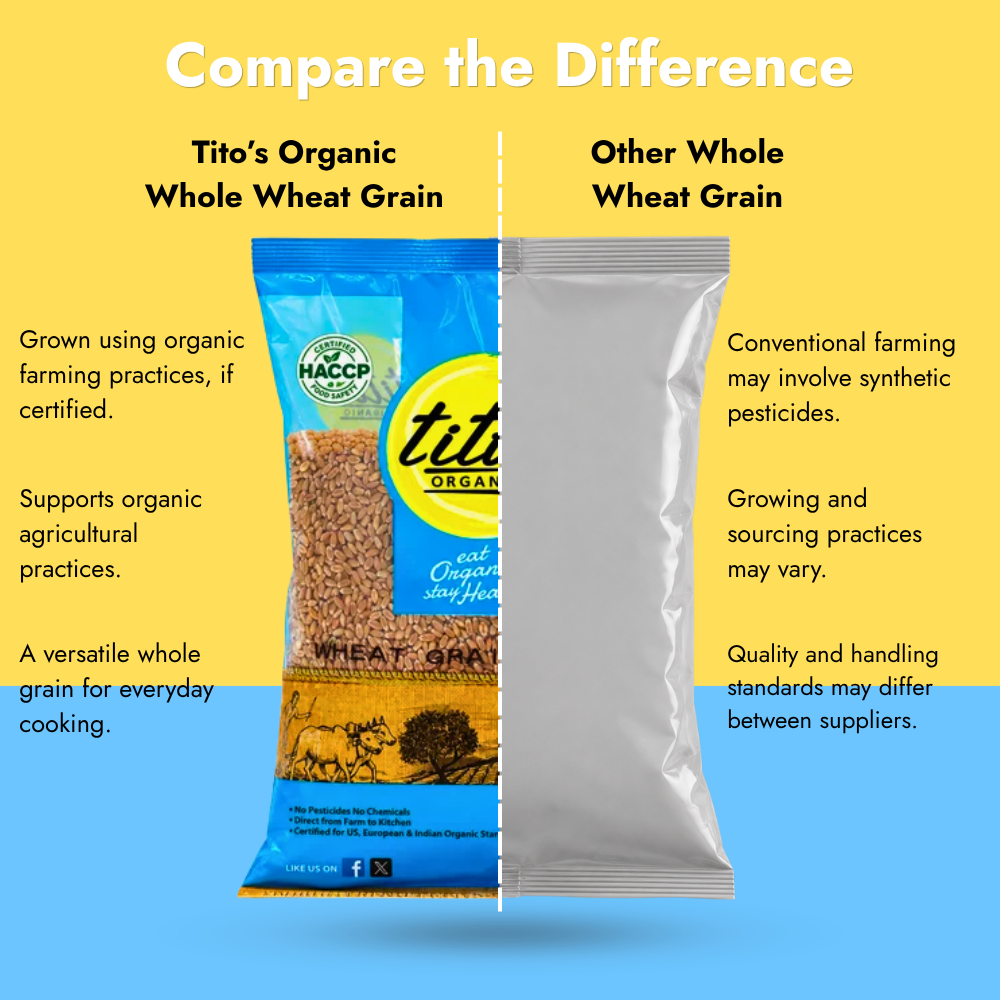 Tito’s Organic Whole Wheat Grain comparison highlighting organic farming practices, whole grain versatility and sourcing differences