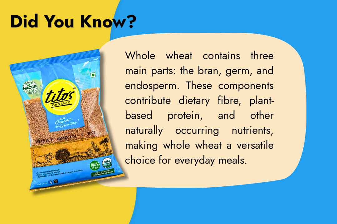 Facts about whole wheat grain, including its bran, germ and endosperm, for everyday meal preparation